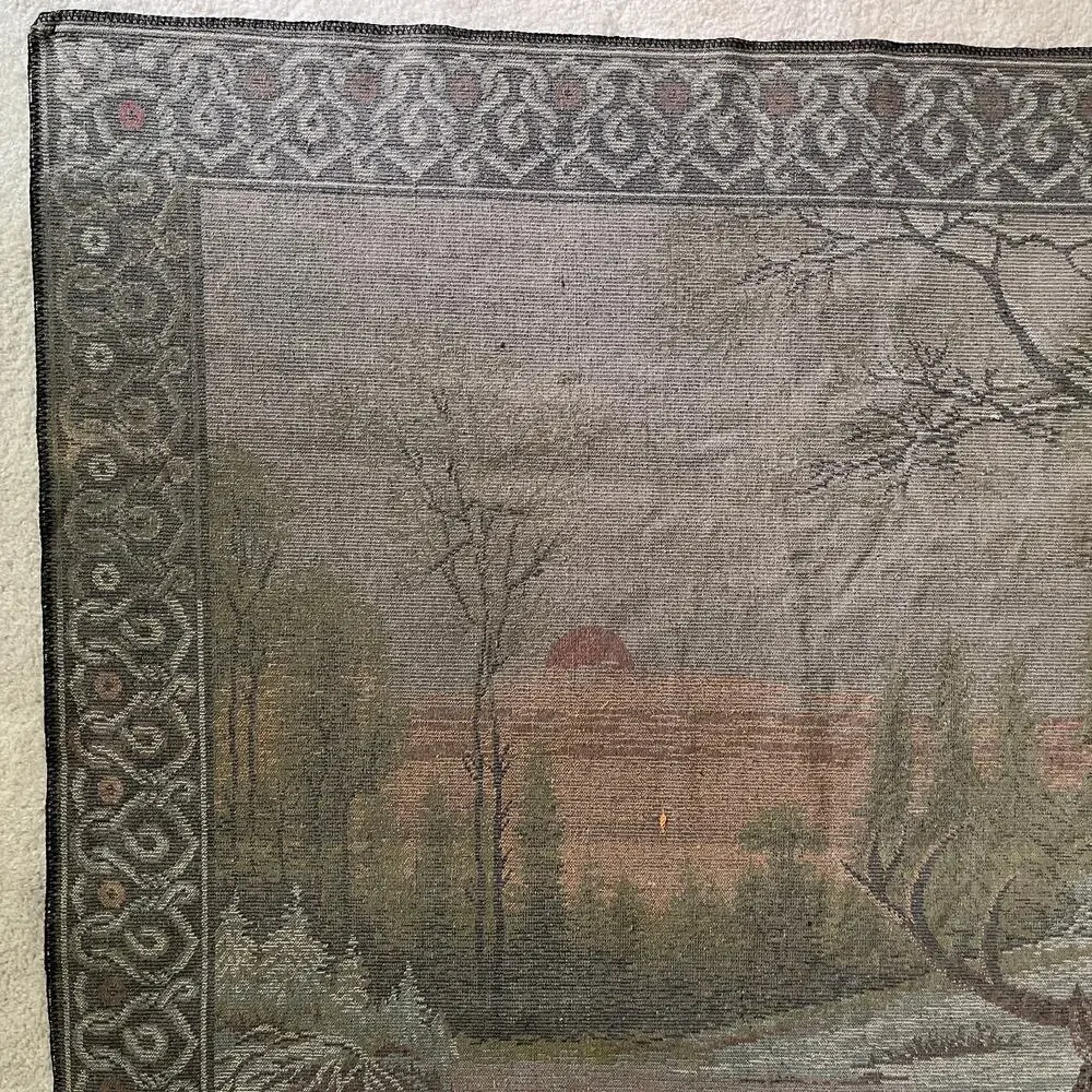 Large Vintage Italian Tapestry Woodland Deer Sunset Landscape Cabin Lodge Nature